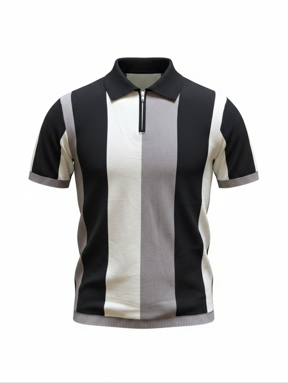 Men’s XL Regular Striped Knit  Shirt 1/4 Zip Short Sleeve Black Gray white